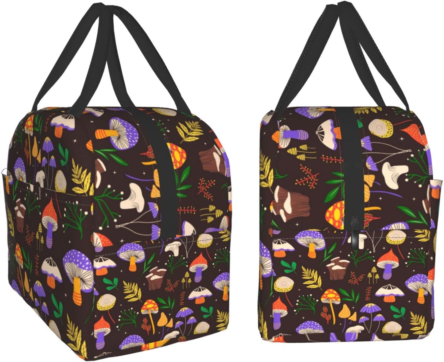 Lonchera con diseño de hongos de color, pequeña, aislada, con bolsillo frontal, estética, lonchera, congelable, para mujeres y hombres