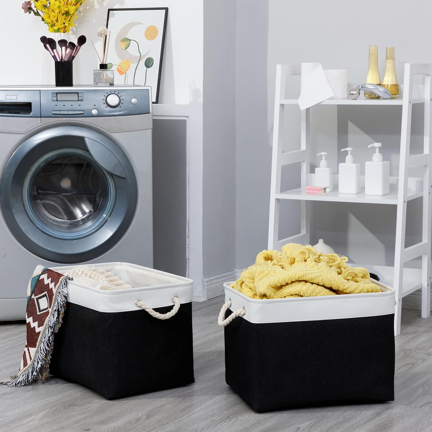 Bidtakay Cestas de almacenamiento negras para estantes, juego de 2 cestas decorativas de tela para organizar 16 x 11.8 x 11.8 pulgadas, canastas
