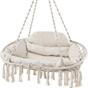 Tangkula 2-Person Hanging Hammock Chair, Boho Style Macrame Hammock Swing with Soft Cushions, Tassels, Indoor Outdoor Cotton Rope Hanging Swing Tangkula 2-Person Hanging Hammock Chair, Boho Style Macrame Hammock Swing with Soft Cushions, Tassels, Indoor Outdoor Cotton Rope Hanging Swing