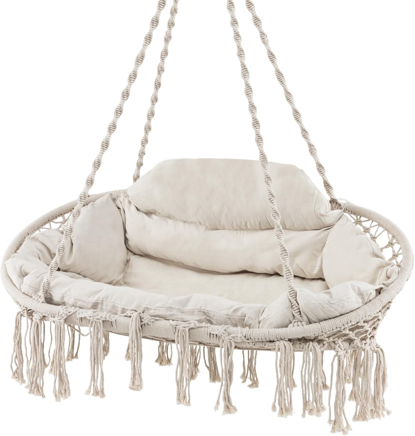 Tangkula 2-Person Hanging Hammock Chair, Boho Style Macrame Hammock Swing with Soft Cushions, Tassels, Indoor Outdoor Cotton Rope Hanging Swing