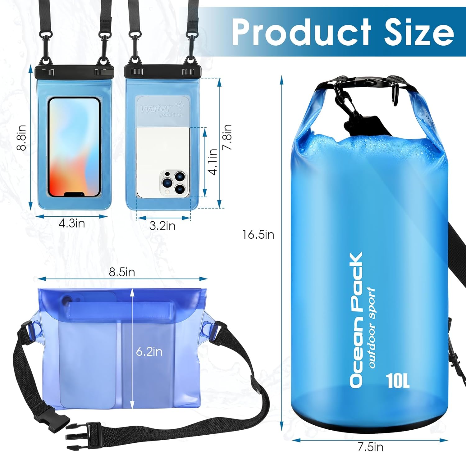 VZZNN Juego de 3 bolsas secas impermeables  Saco seco ligero de 10 litros con bolsa impermeable para la cintura y funda para teléfono, bolsa de
