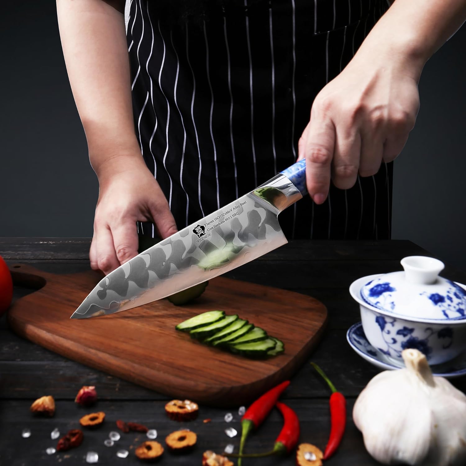 WILDMOK Cuchillo de chef de 8 pulgadas, cuchillos de cocina japoneses ultra afilados  7 capas 10Cr15CoMoV Cuchillo de chef de acero revestido con
