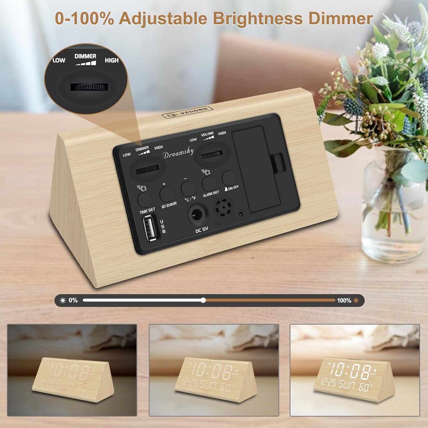 DreamSky Digital Alarm Clocks for Bedrooms – Wooden Electric Clock with USB Ports, Date, Weekday, Temperature, 0-100% Brightness Dimmer, Adjustable