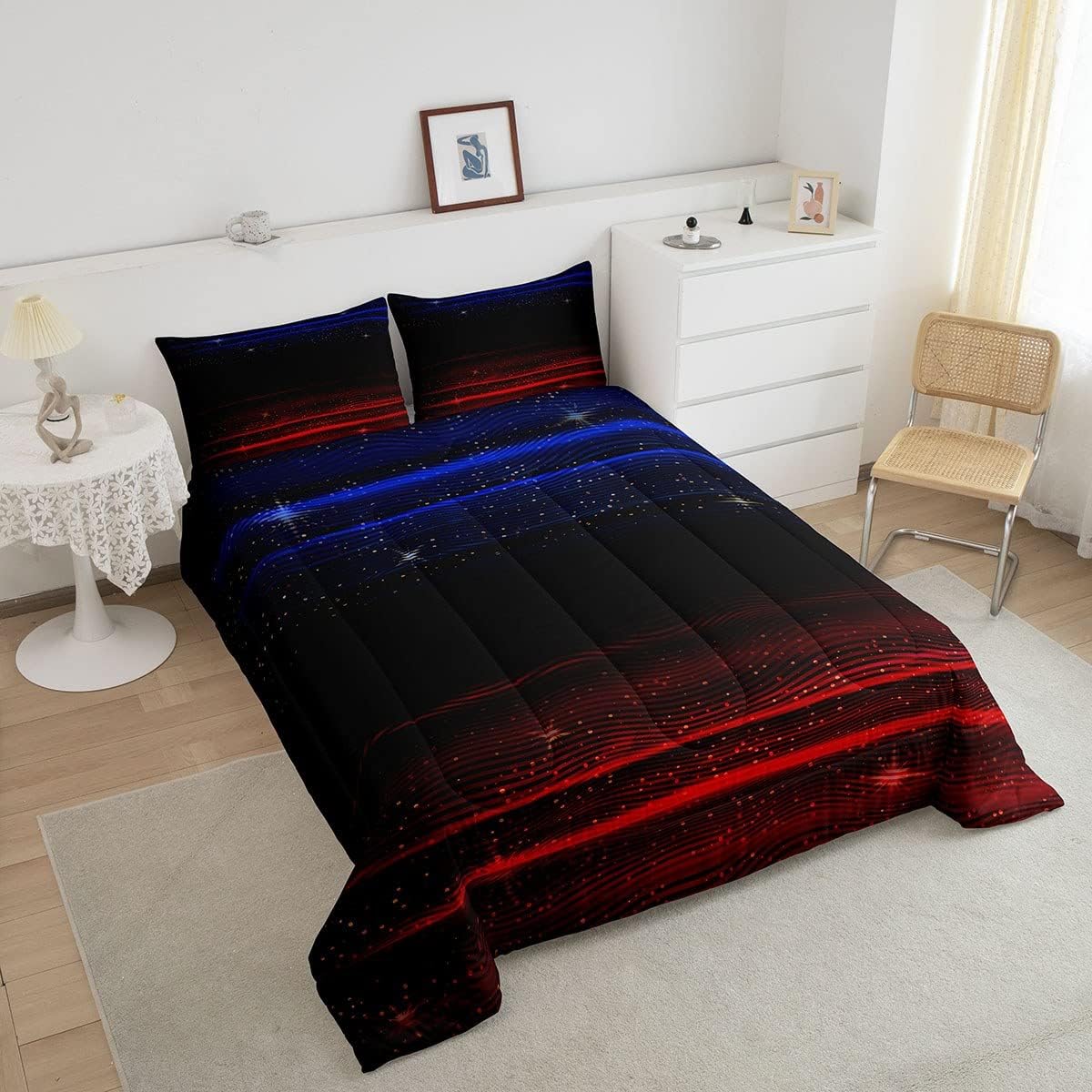 Juego de edredón degradado, juego de ropa de cama con degradado azul, rojo y negro, tamaño King, edredón de plumón con estrellas y cielo estrellado,