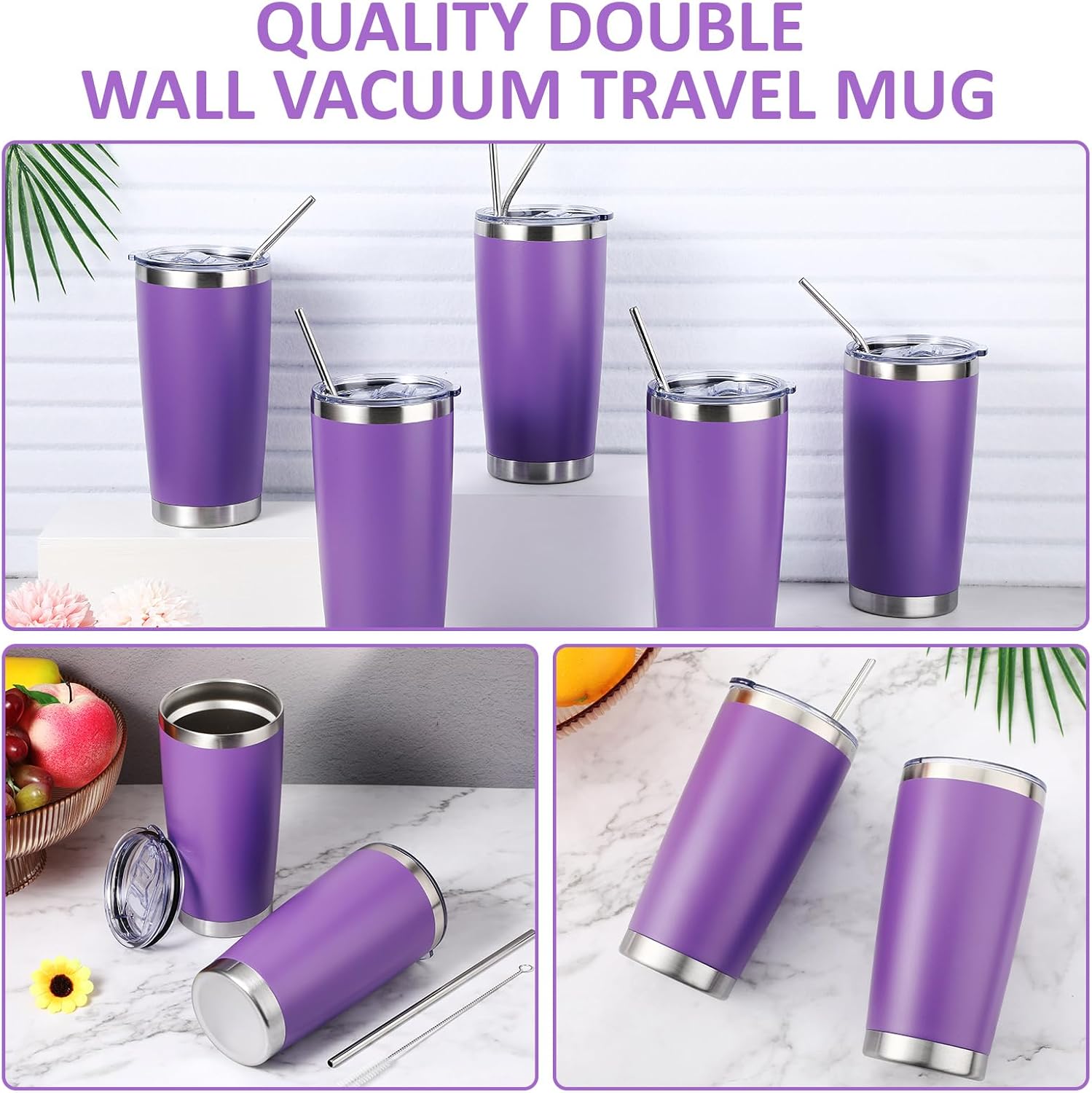 Paquete de 24 vasos de viaje aislados de 20 onzas, vaso de viaje al vacío de doble pared con tapa y pajita, tazas de café de doble pared de acero