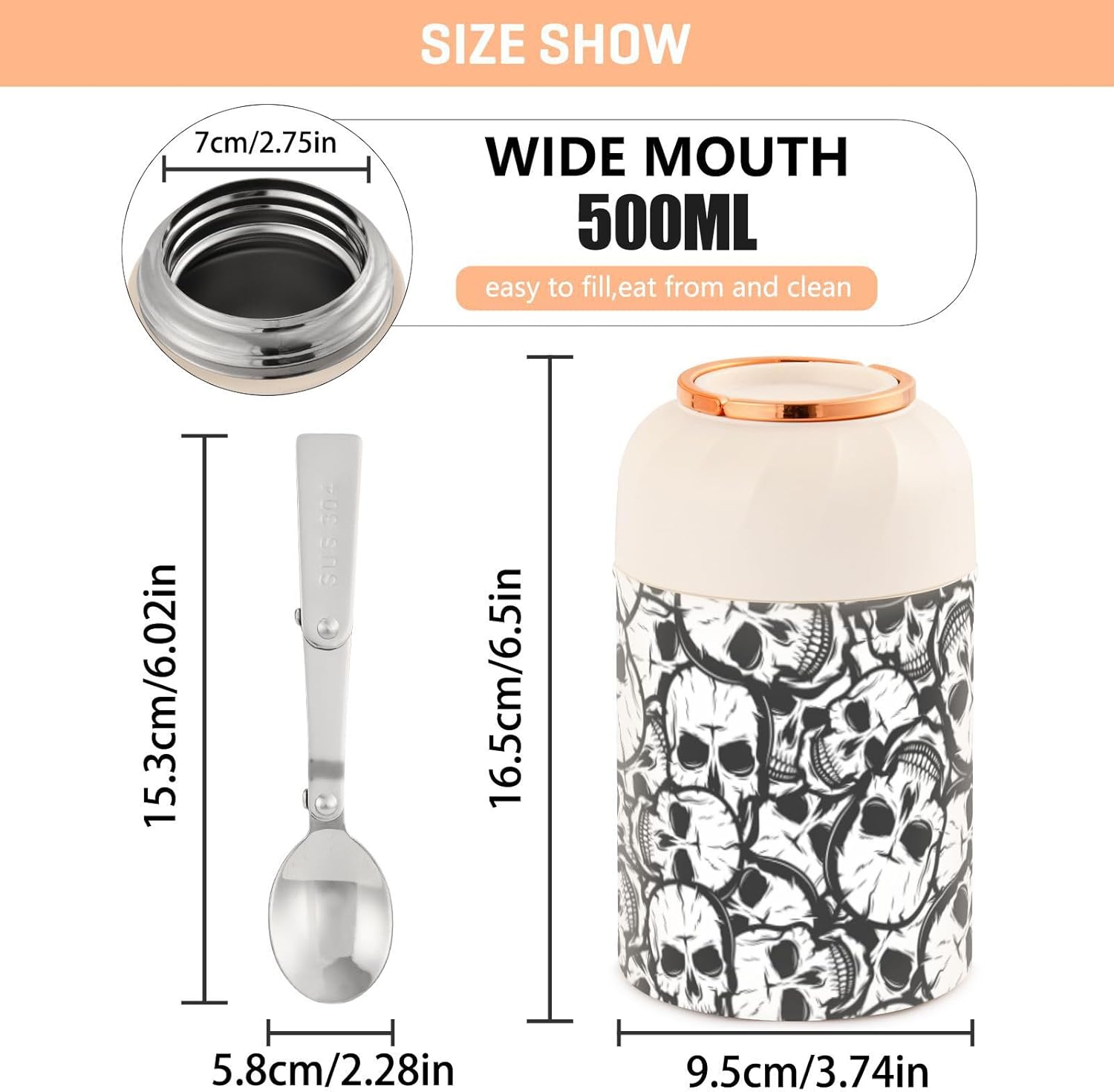Skulls Black White Kids Womens Food Insulated Jar with Spoon 17oz500ml Food Storage Containers Stainless Steel Vacuum Keep Warm Lunch Container for