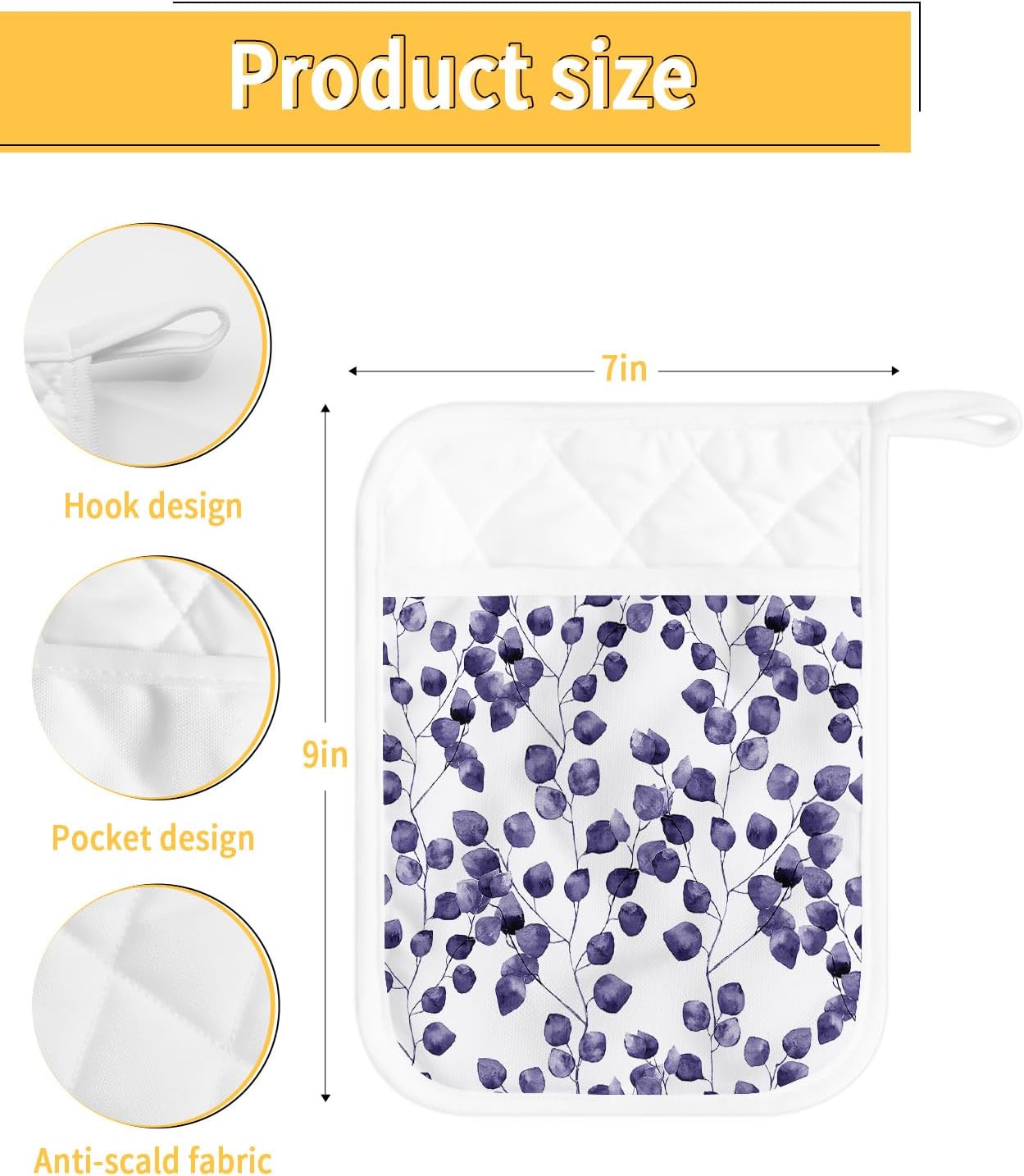 Purple 5Pcs Pot Holders for Kitchen, Non Slip & Heat Insulation Terry Cloth Potholder Set with Pocket, Thick Hot Pad Oven Mitts Trivet Coaster for