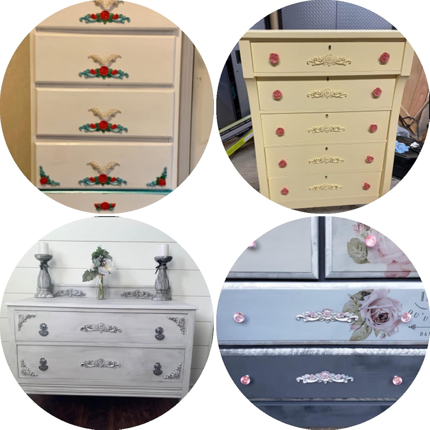 Beoot 4 piezas de madera tallada apliques onlay sin pintar esquina Onlay Applique puerta gabinete rosa sin pintar estilo europeo