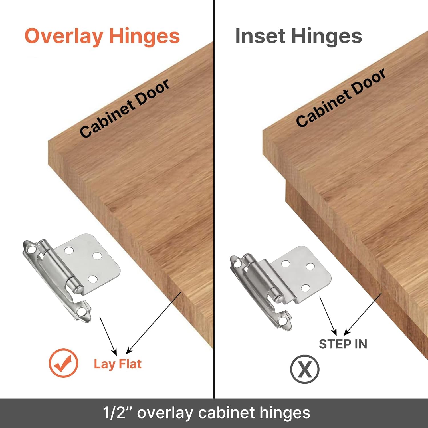 homdiy 25 pares (50 unidades) de bisagras de gabinete de níquel cepillado con cierre automático para gabinetes de cocina, bisagras superpuestas de