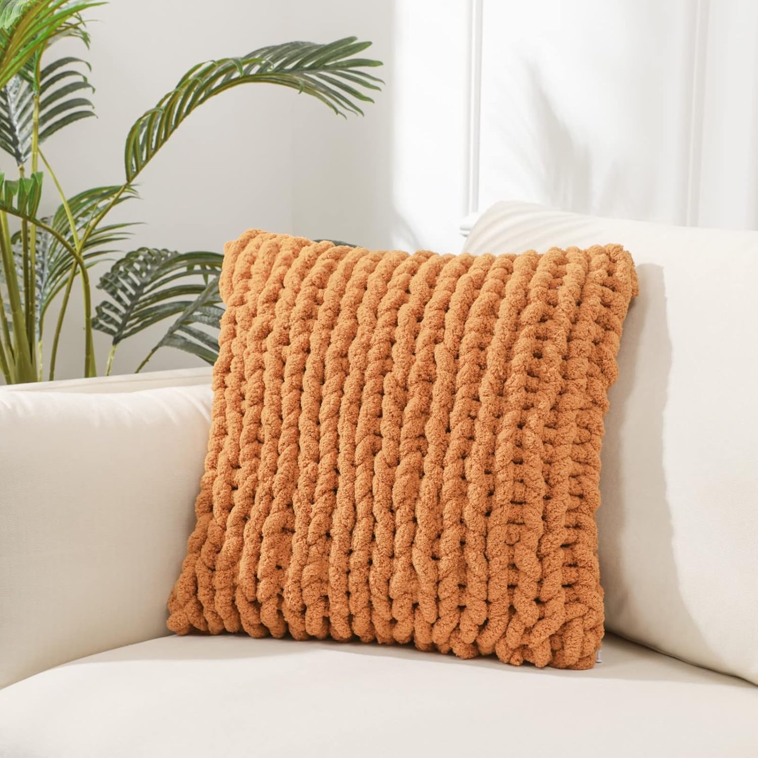 Fundas de almohada de punto grueso naranja quemado, 1 unidad, 18 x 18 pulgadas, cuadradas, estilo de lujo, fundas de almohada de ganchillo, fundas