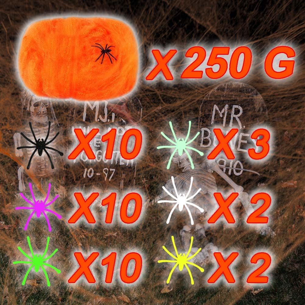 Telas de araña brillantes de Halloween de 8.82 oz para interiores y exteriores, con 37 arañas falsas para decoraciones de Halloween, naranja con