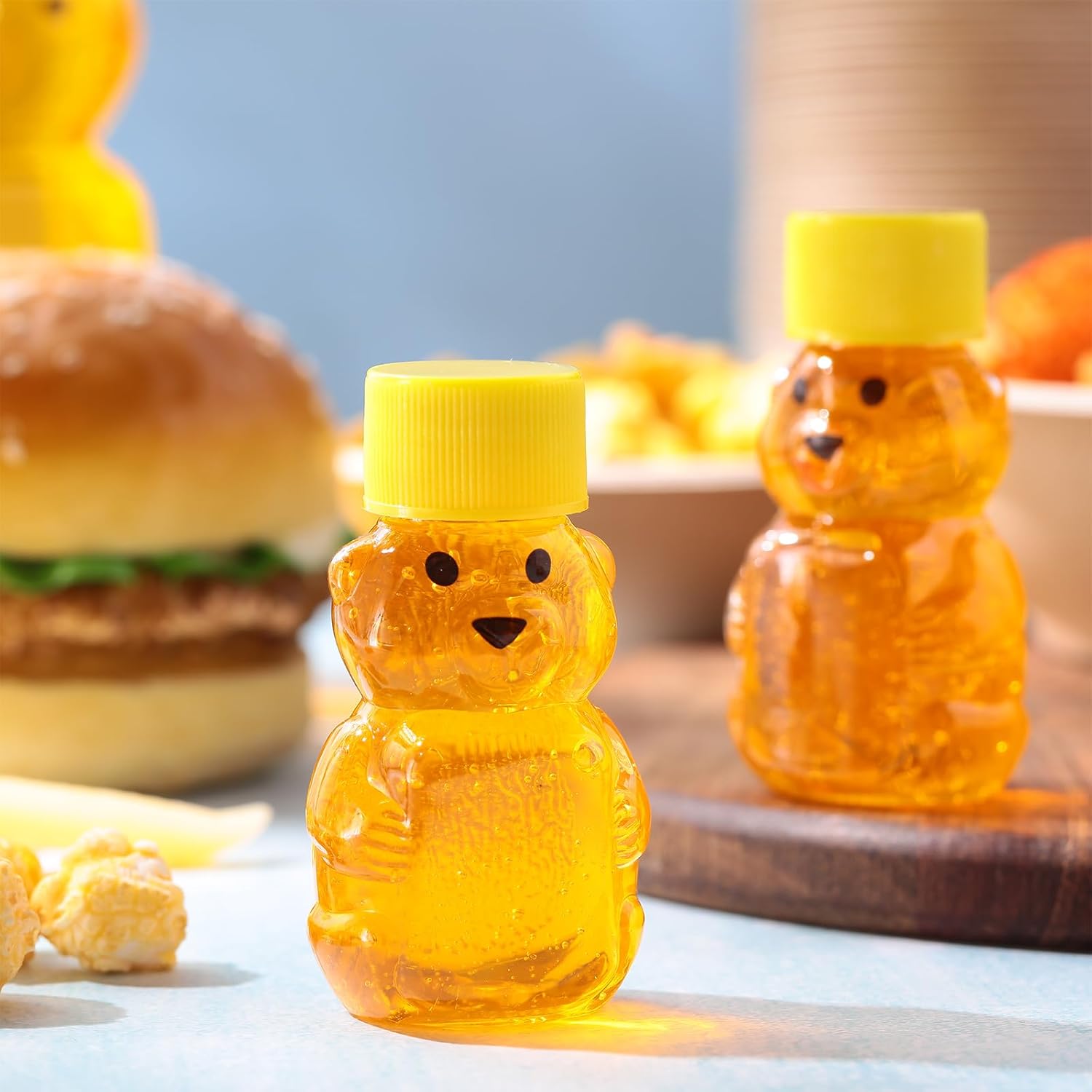 Patelai 96 botellas de plástico de 2 onzas con forma de oso de miel transparente con forma de oso, dispensador de miel vacío con tapa, tarros de