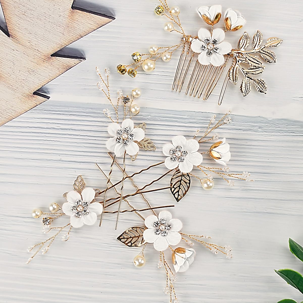 5 pinzas para el pelo de boda con flores de cristal, perlas de cristal, para novias, flores blancas, accesorios dorados para el cabello, joyería de