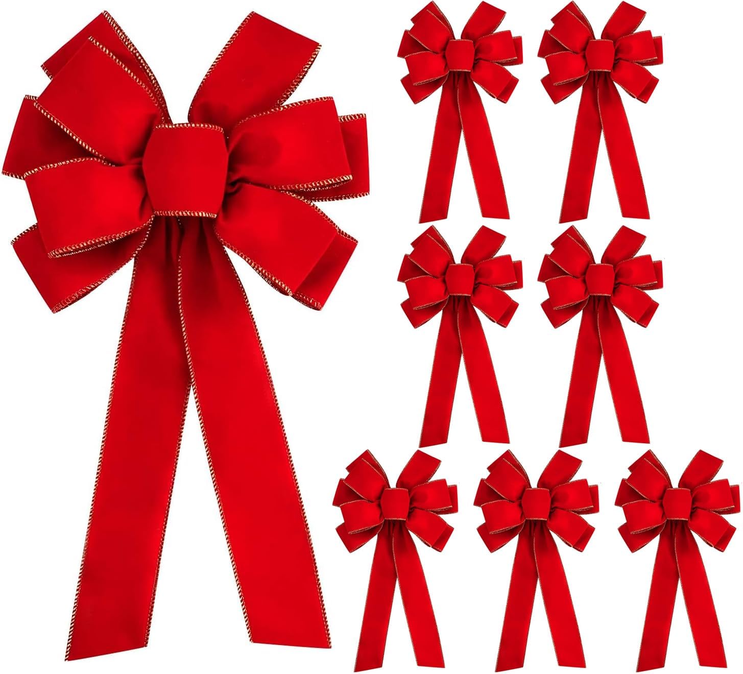 8 lazos grandes de Navidad, 30.7 x 10.6 pulgadas, para Navidad, Día de San Valentín, con bordes dorados, de terciopelo rojo, adorno para árbol de
