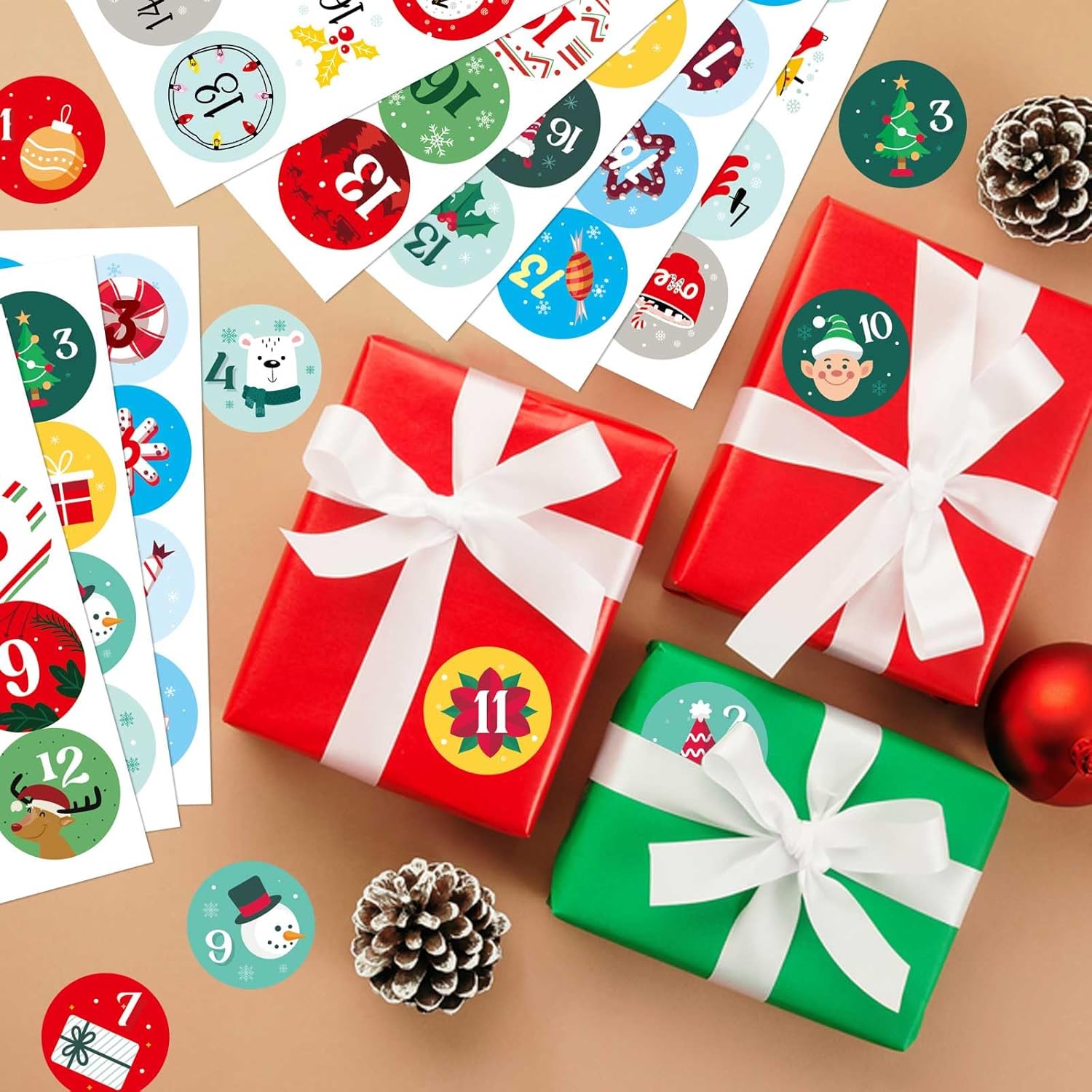 16 hojas de calcomanías de números del calendario de Adviento de Navidad, calcomanías de cuenta regresiva de 24 días, etiquetas de regalo de Navidad
