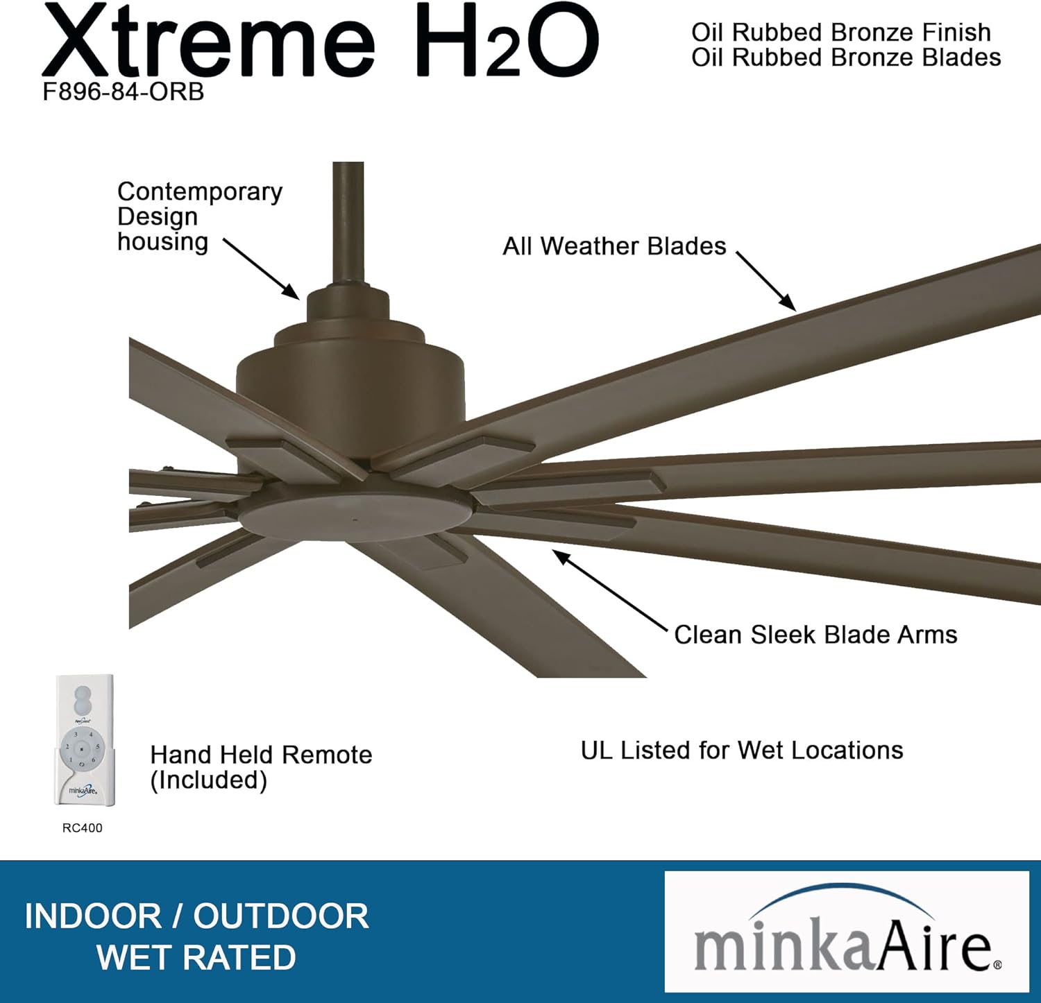 Minka-Aire F896L-84-ORB Ventilador de techo Xtreme H20 de 84 pulgadas para exterioresinteriores de 8 aspas  Motor silencioso de CC reversible de 6