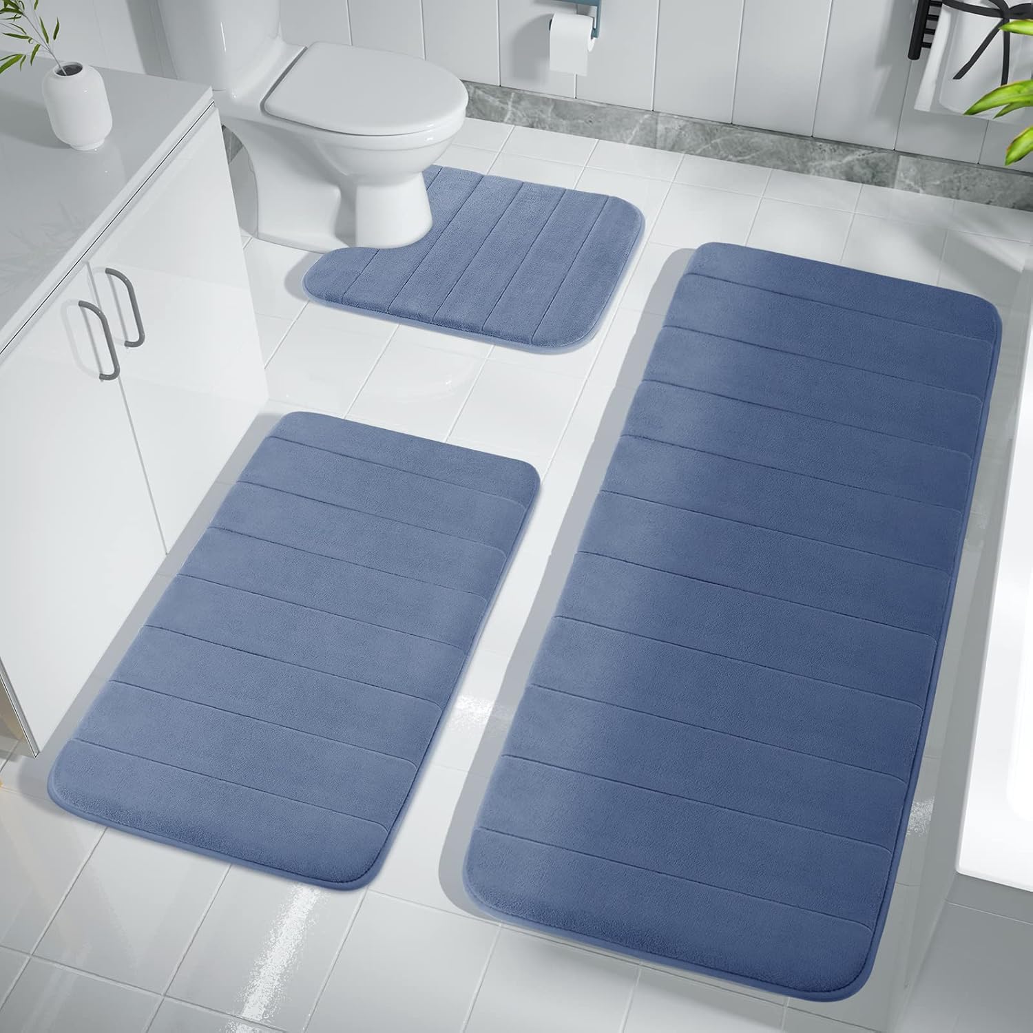 Yimobra Juego de tapetes de baño de espuma viscoelástica, 3 piezas, 44.1 x 24 + 31.5 x 19.8 pulgadas y en forma de U para alfombras de baño, tapetes