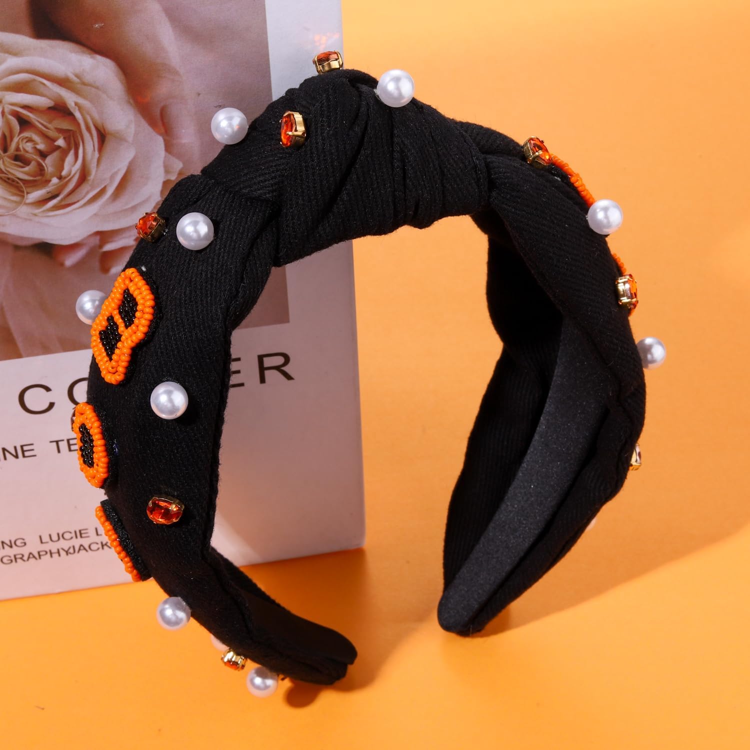 NVENF Diadema de Halloween para mujer, accesorios con cuentas de calabaza, fantasma, boo, diadema con diamantes de imitación, diadema anudada de