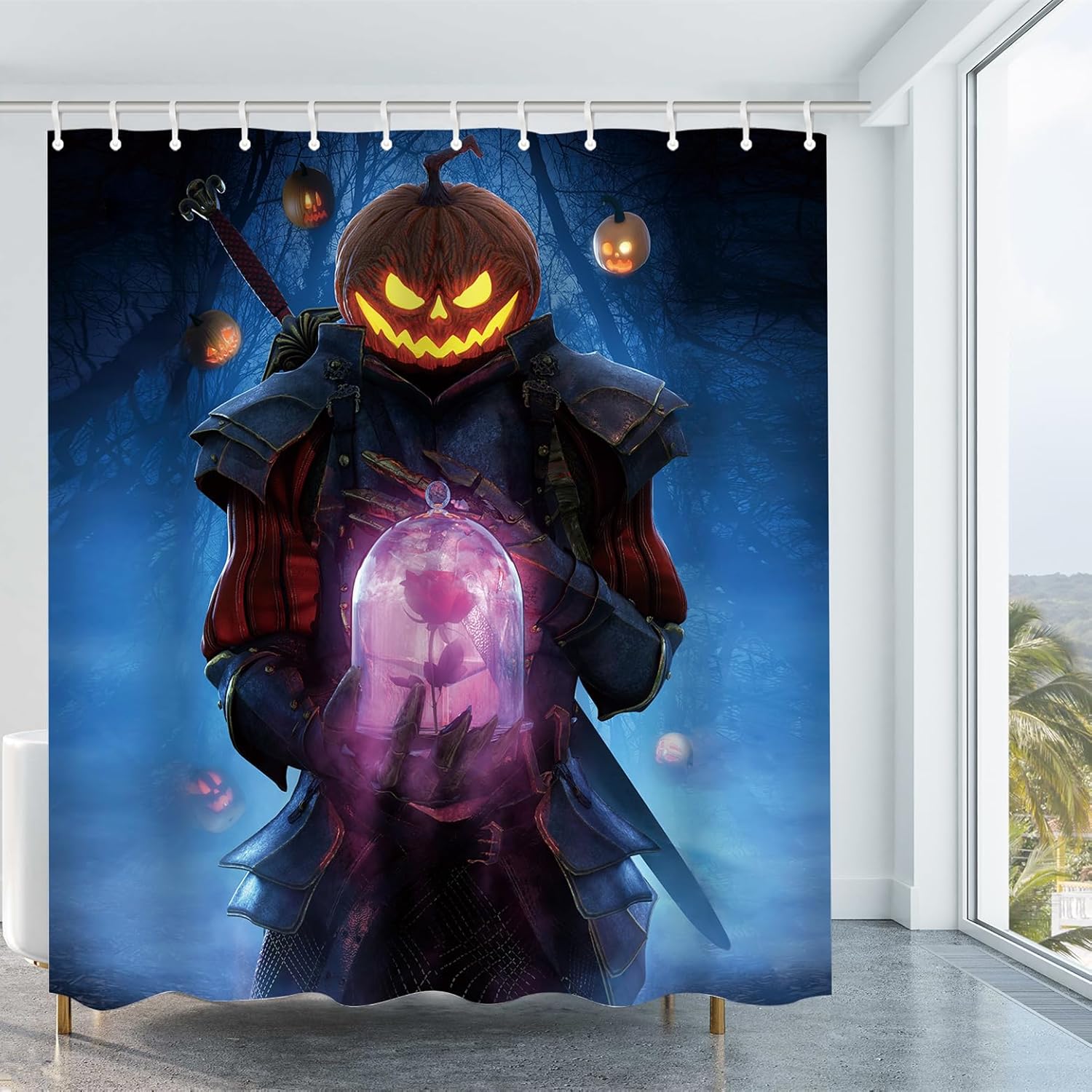 Cortina de ducha con diseño de caballero de calabaza, 72 x 72 pulgadas, diseño de caballero con forma de rosa en bosque brumoso, decoración de baño,