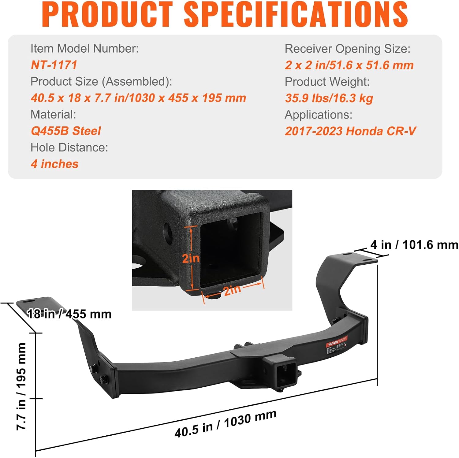 VEVOR Enganche de remolque clase 3, receptor de 2 pulgadas, marco de tubo de acero Q455B, compatible con Honda CR-V 2017-2023, 6000 libras, enganche