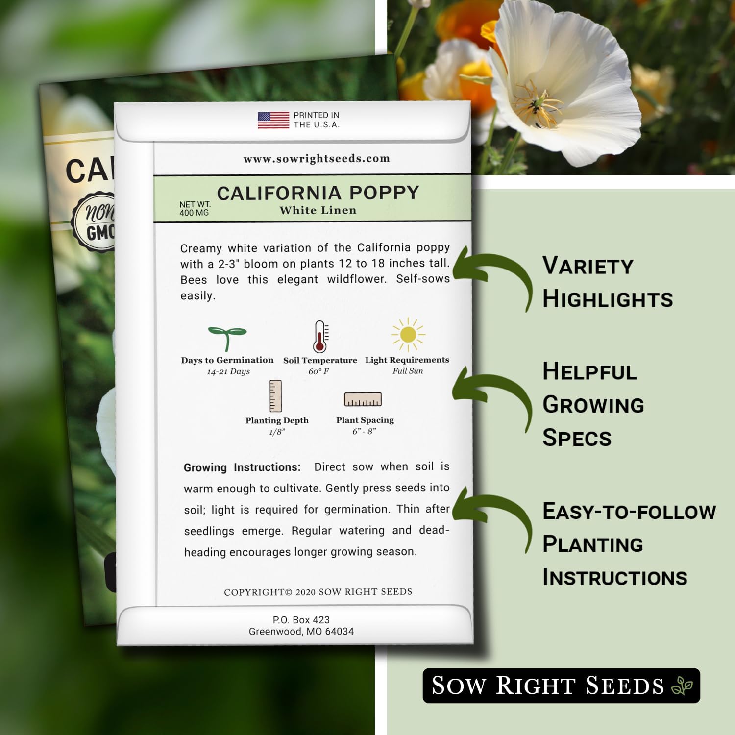 Sow Right Seeds – Semillas de amapola de California de lino blanco para plantar – Paquete de reliquia sin OMG con instrucciones para cultivar un