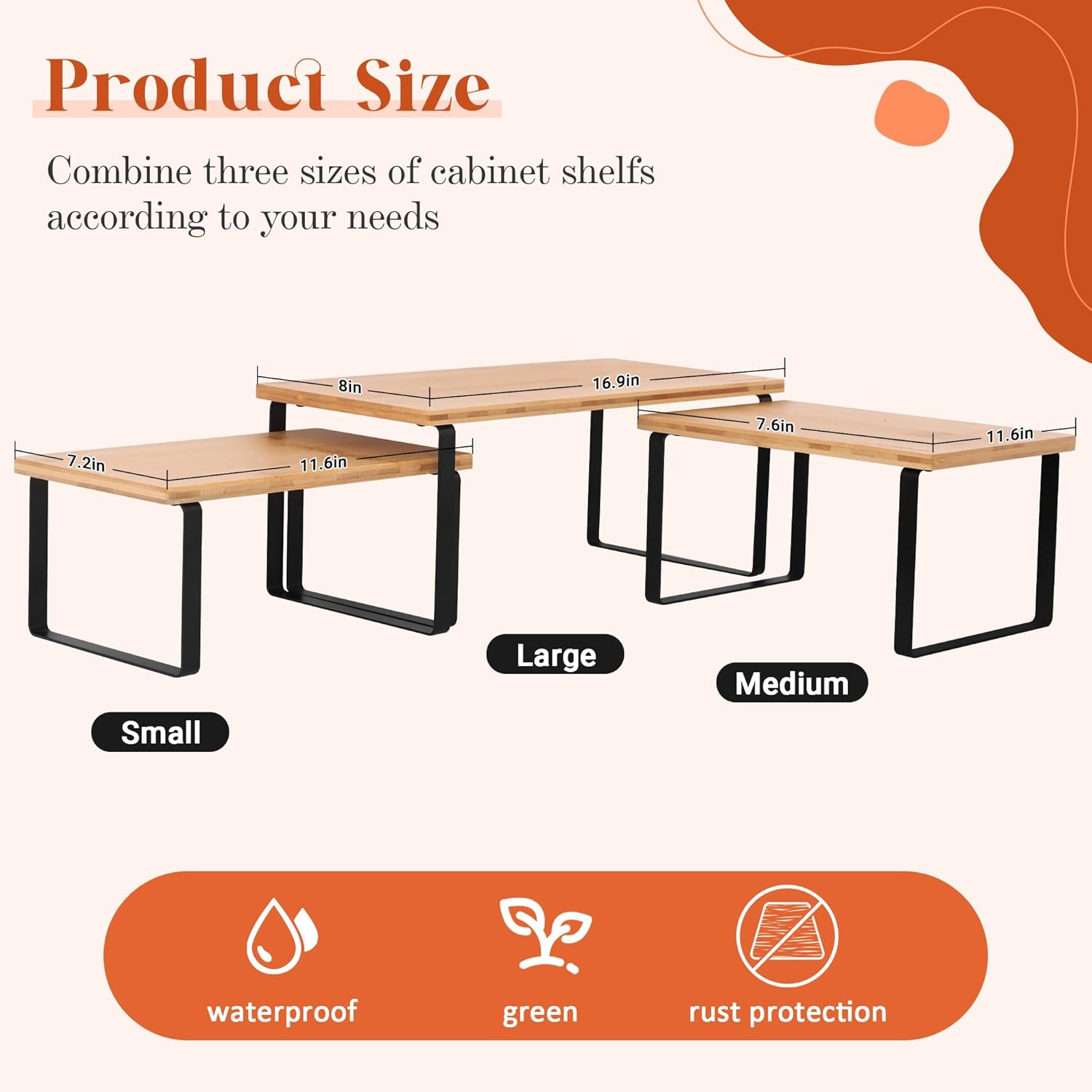 Organizador de estantes de cocina, estantes elevadores, apilables, ampliables para exhibición de especias, platos, tazas (paquete de 3, S, M y L,