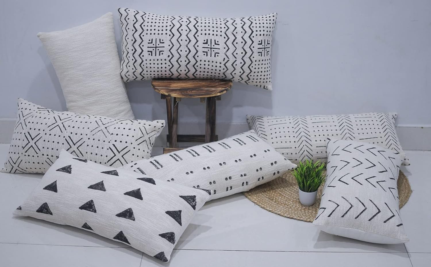 Funda de almohada lumbar de 100% algodón, tamaño grande, oblonga, decorativa, bohemia, geométrica, lujosa, para decoración del hogar (nieve marfil),