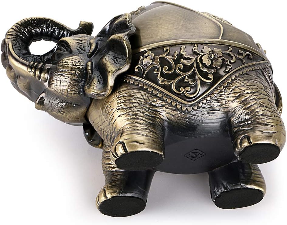 Hipiwe Cenicero de elefante resistente al viento con tapa, soporte de cenicero de metal de escritorio para uso en interiores o exteriores, bandeja