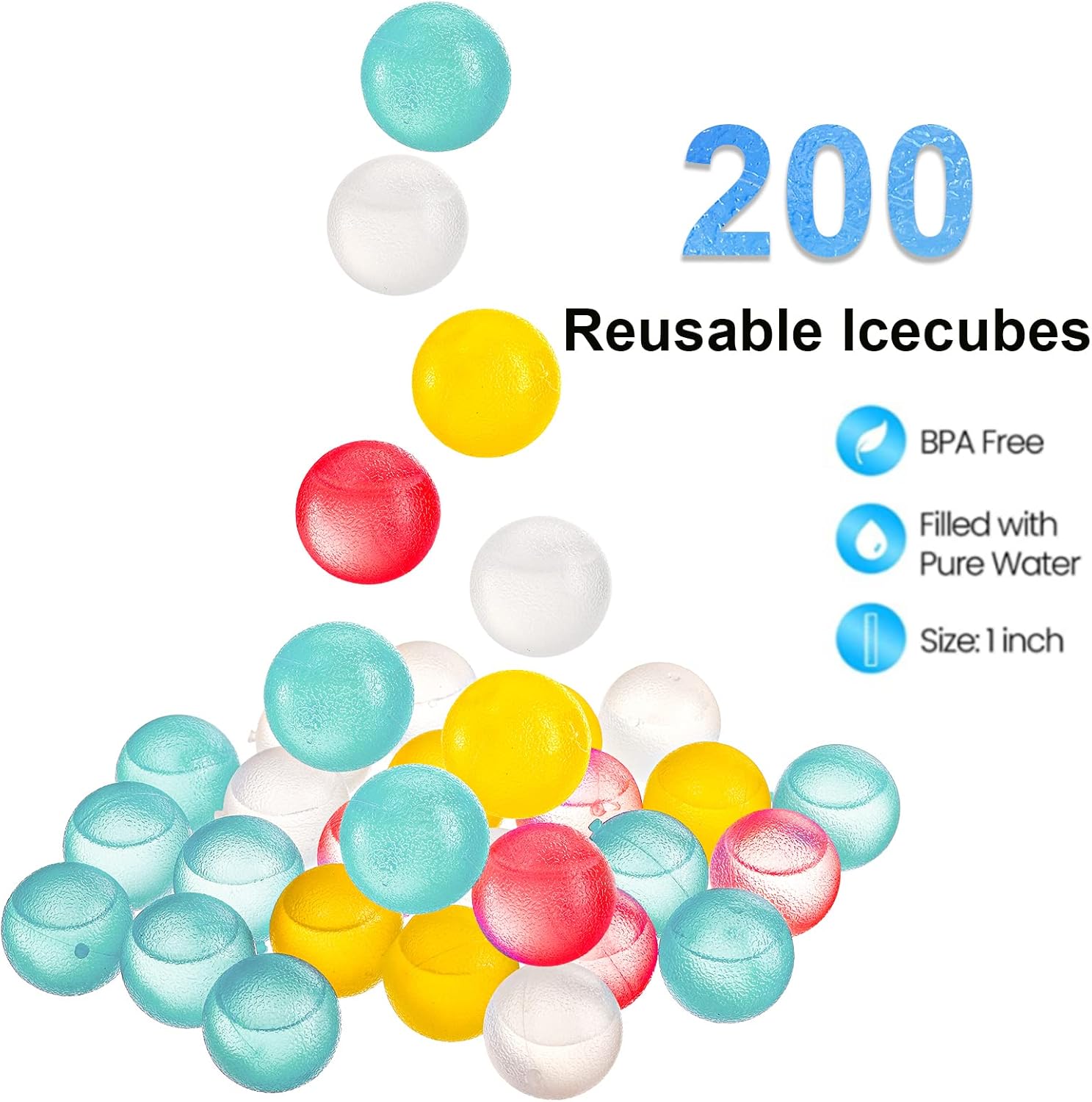 ZOOFOX Paquete de 200 cubitos de hielo reutilizables para bebidas, cubitos de hielo de plástico de colores, cubitos de hielo redondos para cócteles,