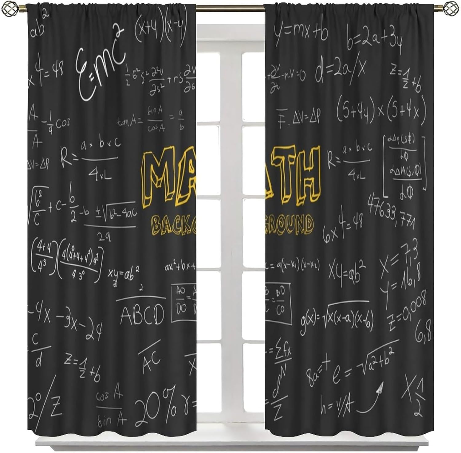 Cortinas de pizarra de matemáticas, diseño geométrico, matemáticas, física, fondo negro, cortinas opacas con bolsillo para barra, para dormitorio,