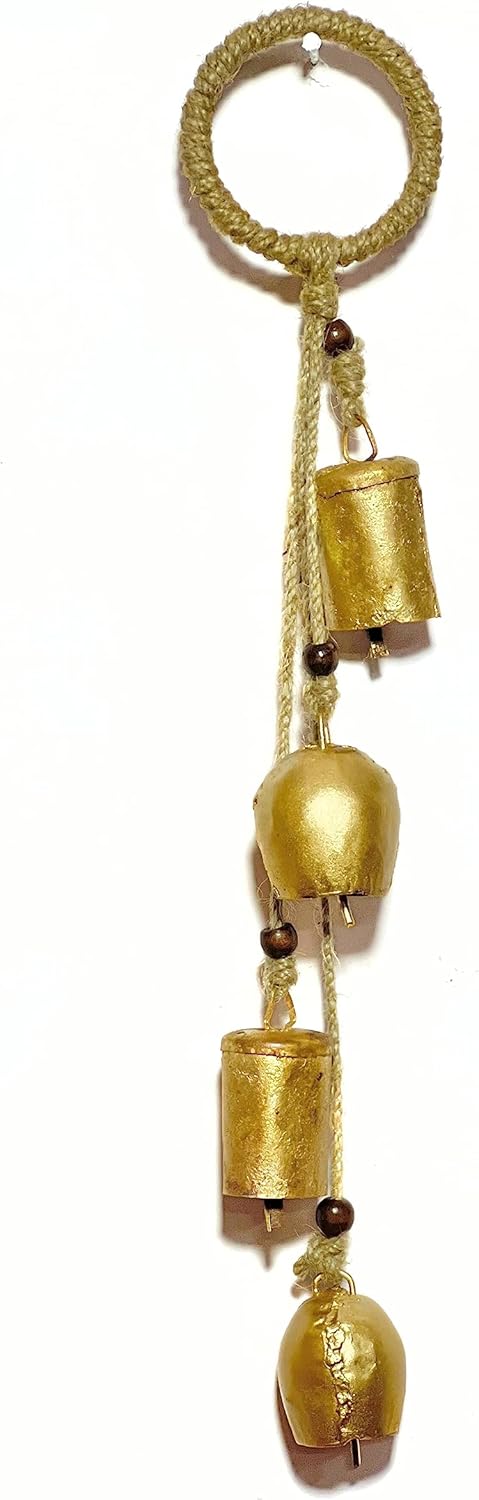 Bellshub Juego de 4 campanas de vaca rústicas vintage Lucky Harmony con cuerda, 4 campanas en racimo para colgar en la pared, campanas de armonía,