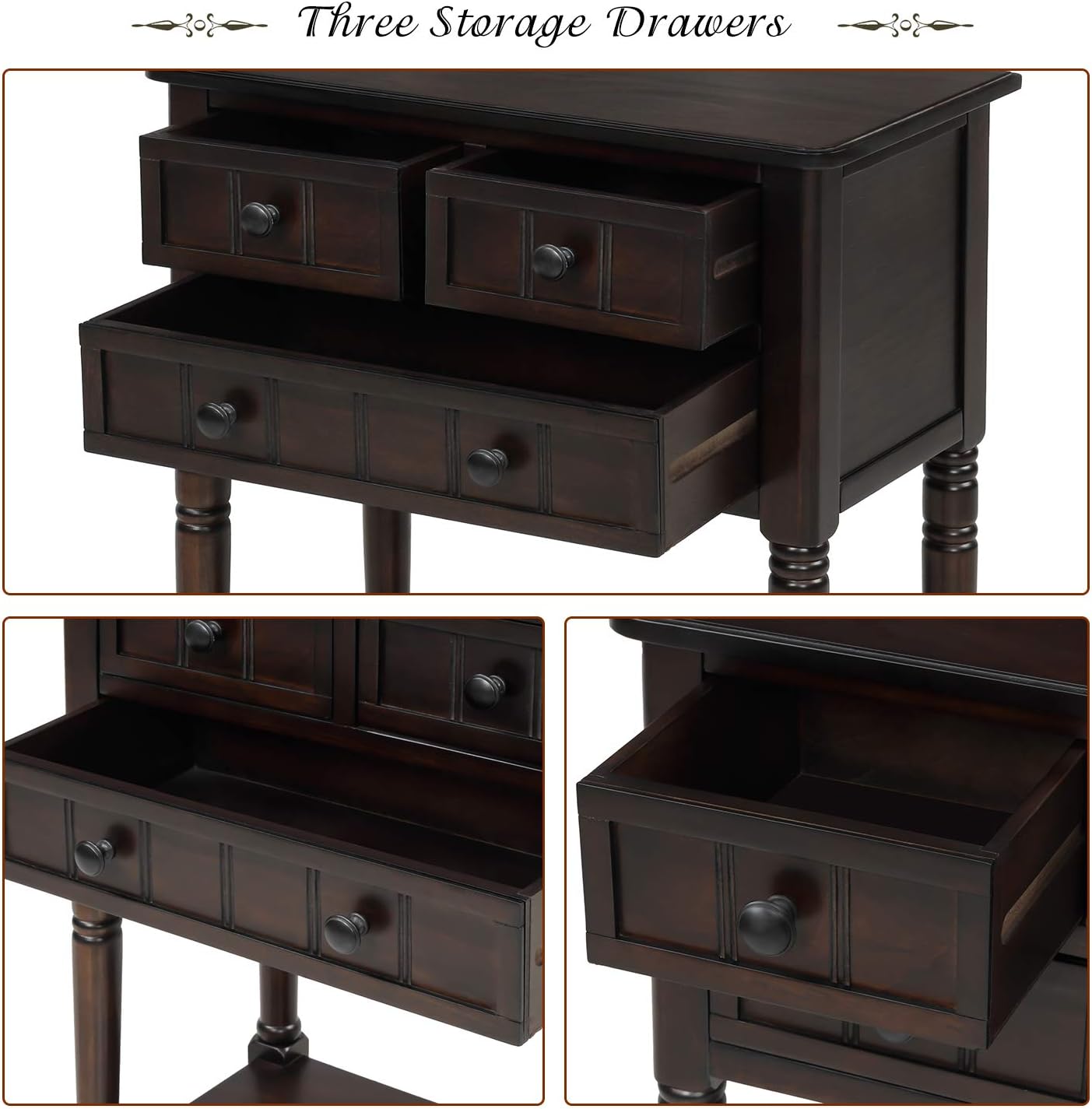 Mesa consola estrecha P PURLOVE – Mesa de sofá delgada con tres cajones de almacenamiento y estante inferior para sala de estar, mesa de sofá fácil