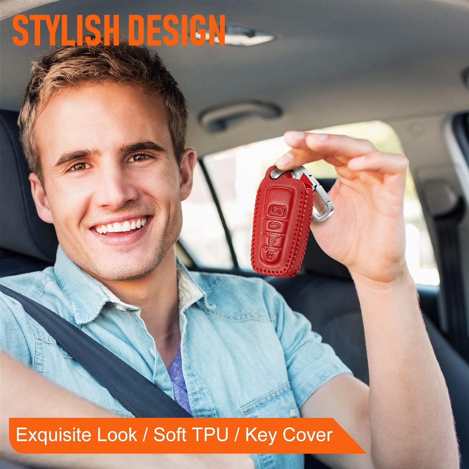 Funda de cuero para llavero de Toyota para Camry 4 botones, funda de cuero+anillo en D+gancho Futi, Rojo –