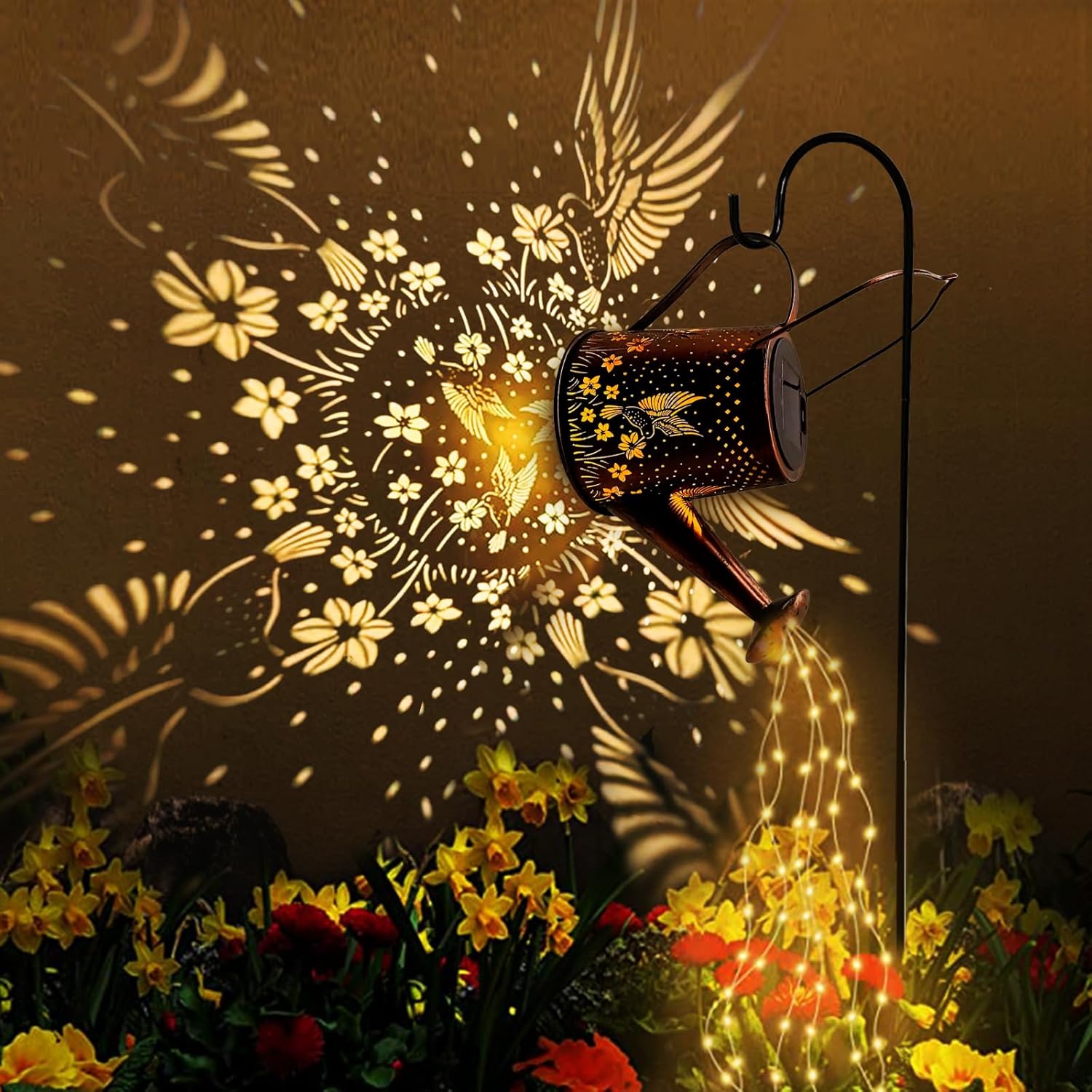 Regadera solar para exteriores, decoración de jardín, linterna colgante de colibrí, impermeable, luces de paisaje, decoración exterior para patio,