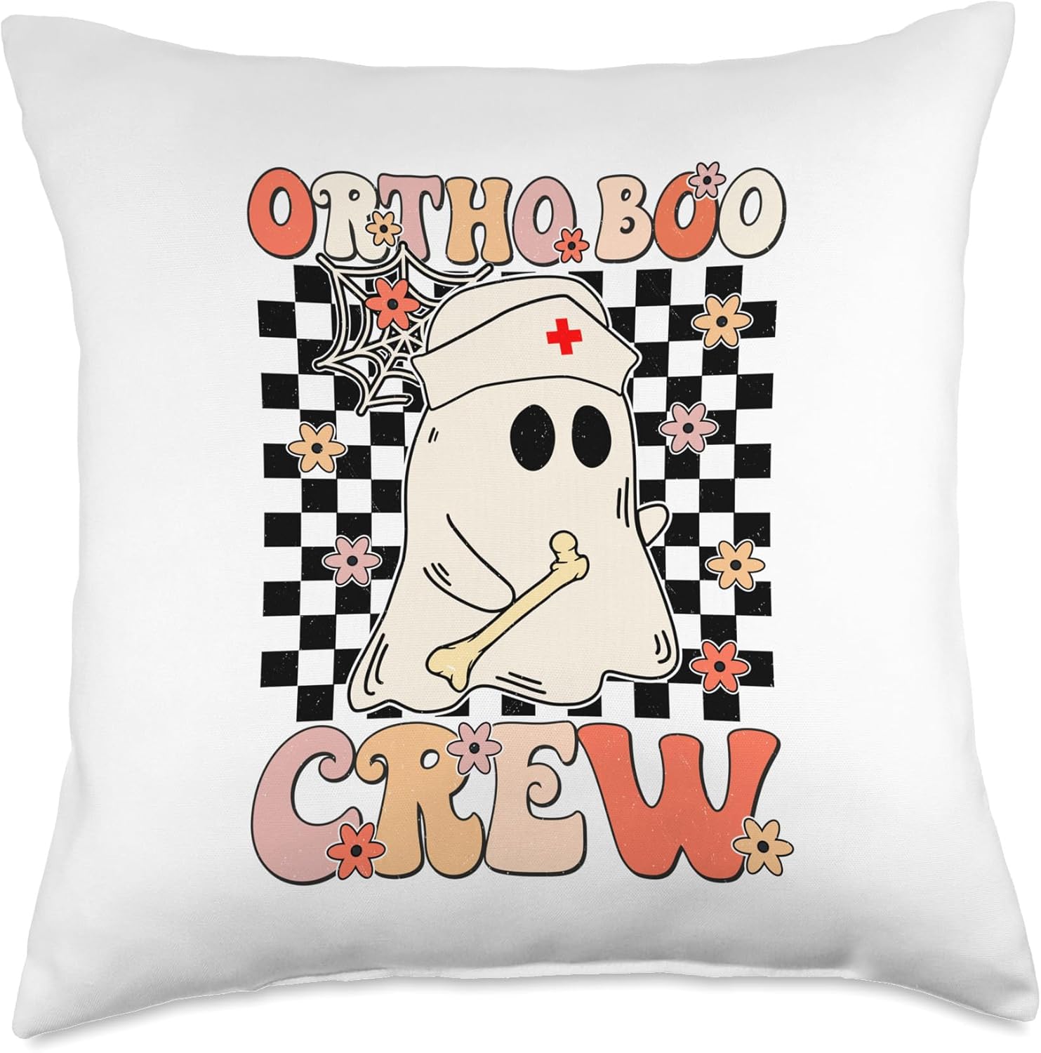 Ortho Boo Crew Ghost Pumpkin Orthopedic Nurse Halloween Throw Pillow, 18×18, Multicolor