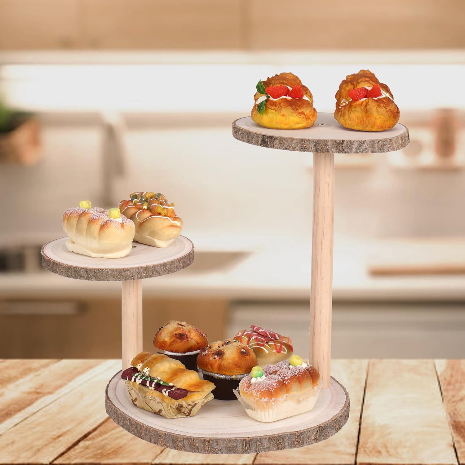 Soporte de torre de 3 niveles para cupcakes, rústico, redondo, de madera, para postres y pasteles, para boda, cumpleaños, graduación, fiesta de té