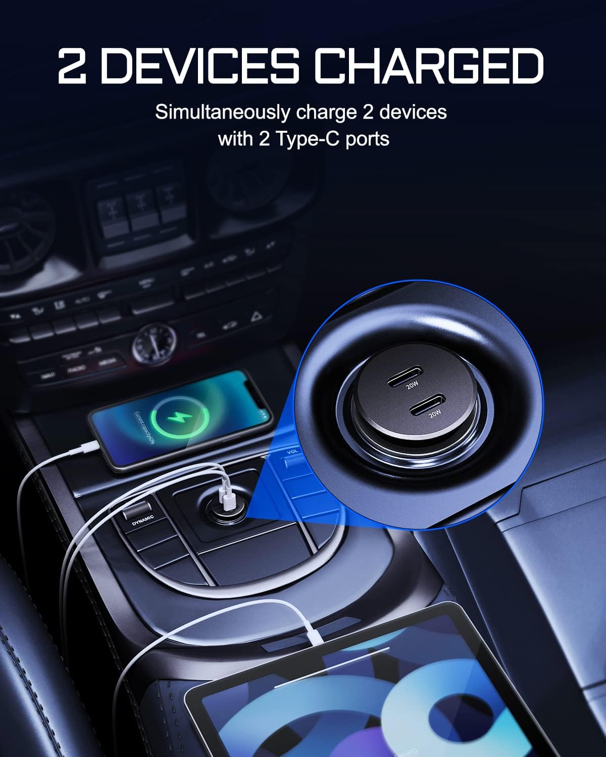 Cargador de coche USB C, Aergiatech 40W PD 3.0, adaptador de cargador rápido de coche de doble puerto, cargador de coche tipo C de metal compatible