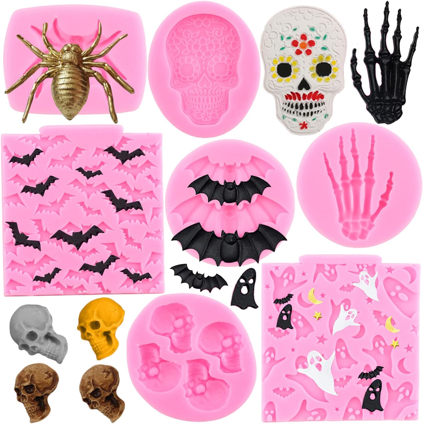 Zixiang Molde de silicona para Halloween, molde de silicona para tartas, cupcakes, chocolate, fantasma, esqueleto, mano, murciélago, caramelo, para