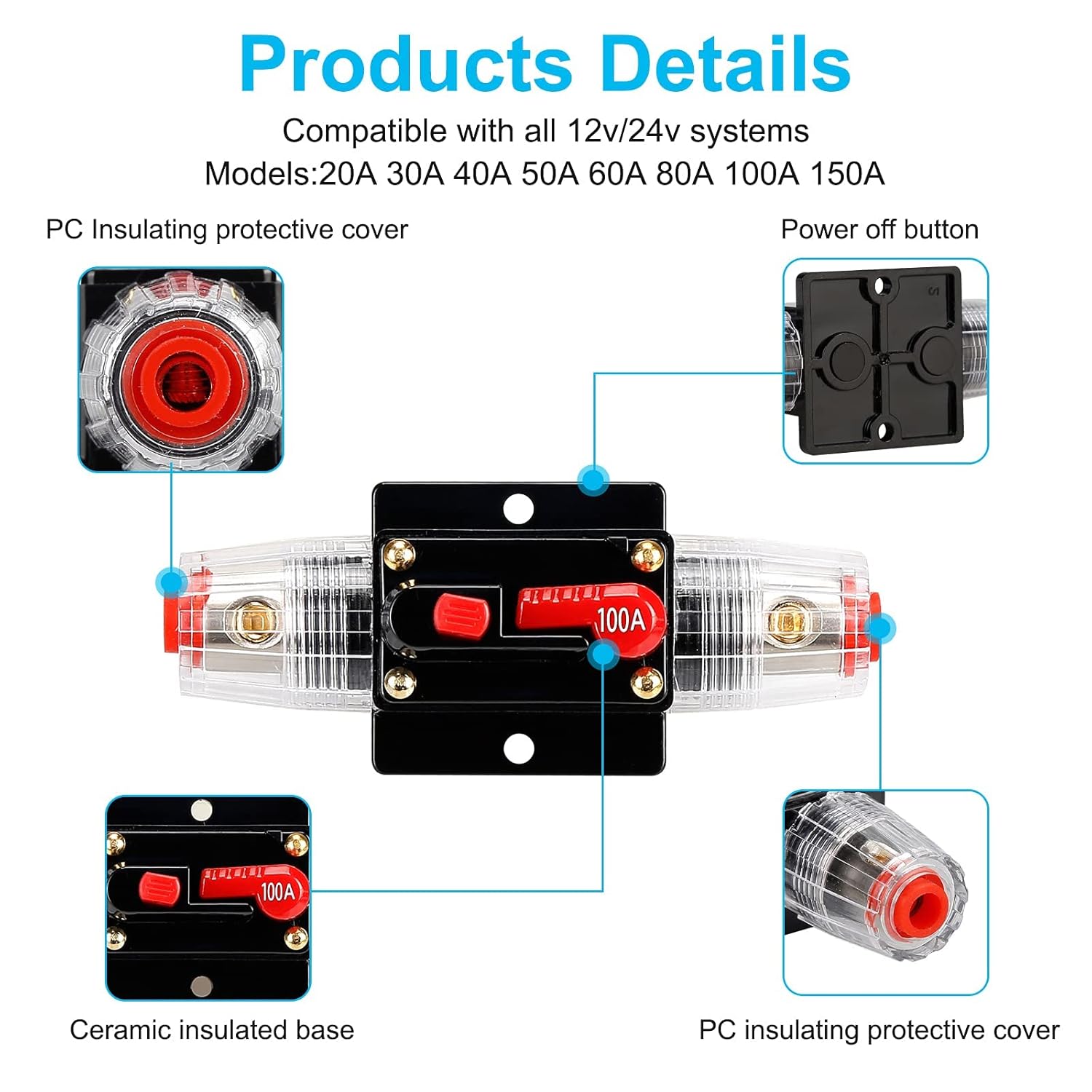 Disyuntor de audio de 100 amperios, portafusibles de 12 V-24 V CC, interruptor de interruptor de 20 a 300 A, disyuntor en línea con botón de