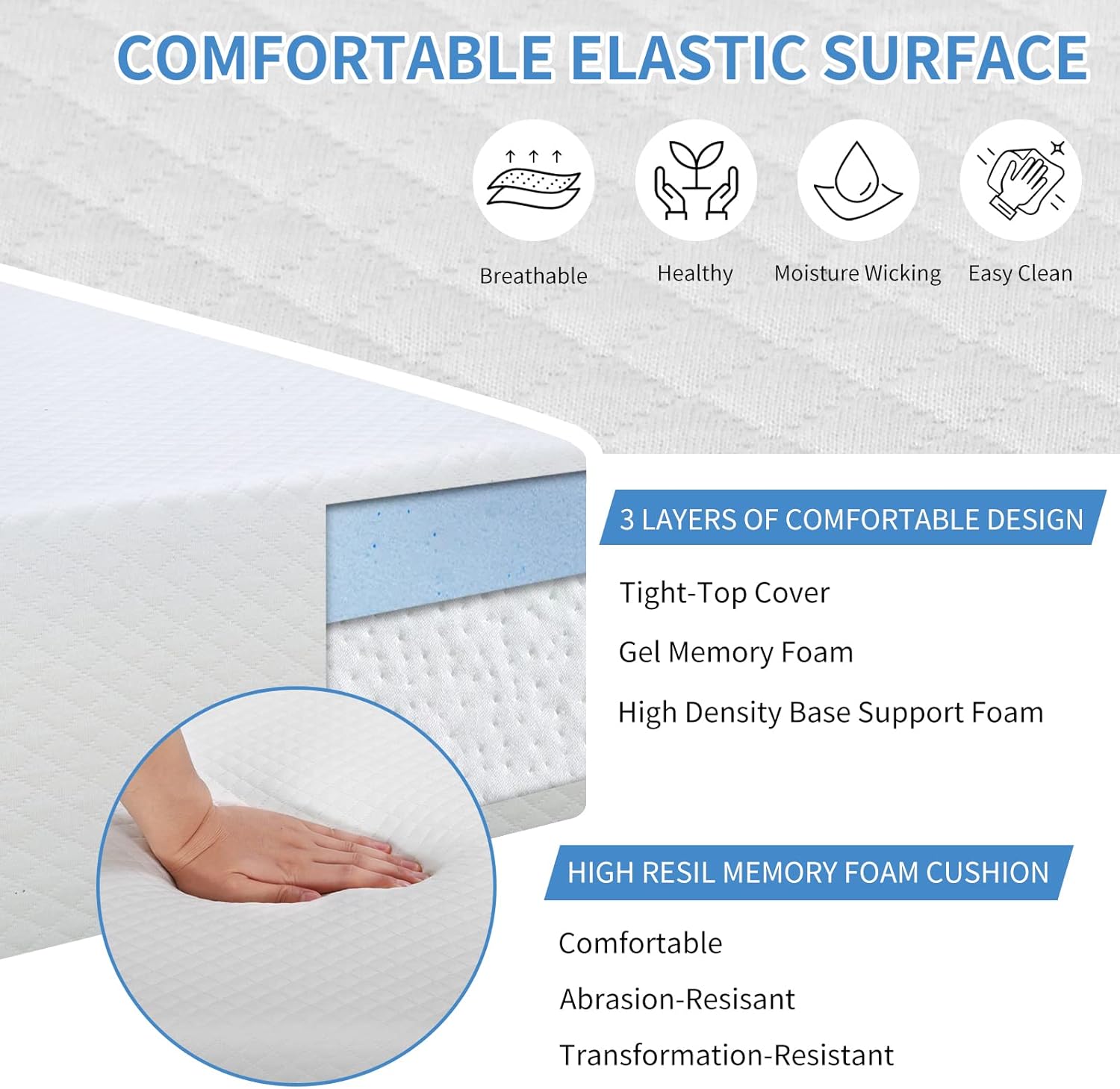 CL.HPAHKL Colchón de espuma viscoelástica de gel de 10 pulgadas, colchón tamaño individual con funda suave extraíble, colchones de firmeza media,