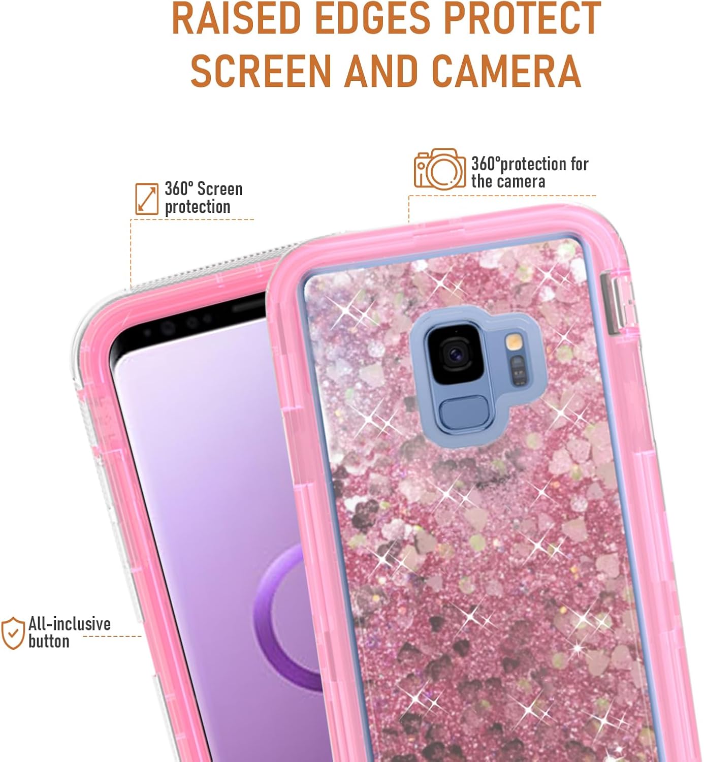 Asuwish Funda de teléfono para Samsung Galaxy S9 con protector de pantalla, brillante, líquido, transparente, híbrida, a prueba de golpes, de