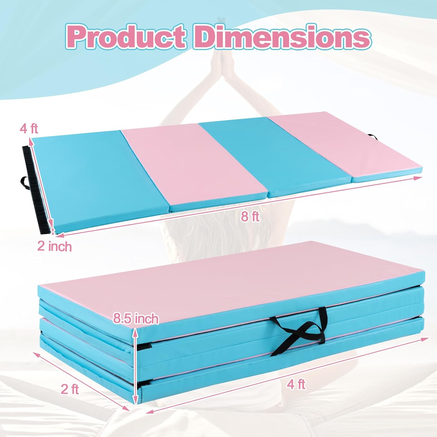 Goplus Colchoneta de gimnasia de 8 x 4 x 2 pulgadas, alfombrilla plegable con asas de transporte, cierres de velcro, 4 paneles para ejercicios de