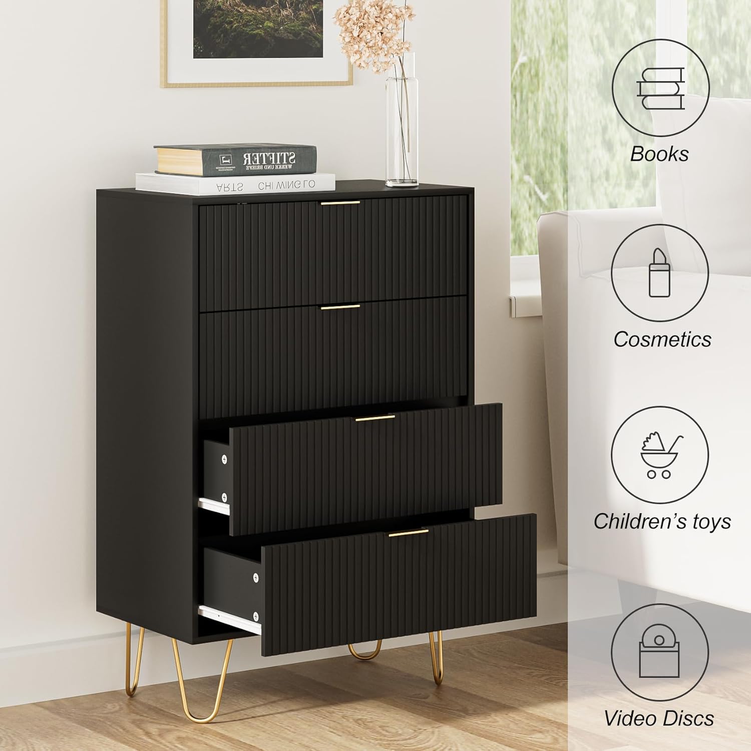 Cómoda de 4 cajones, cajón, armario de almacenamiento alto con patas de metal, cómoda pequeña para dormitorio, sala de estar, armario, pasillo,