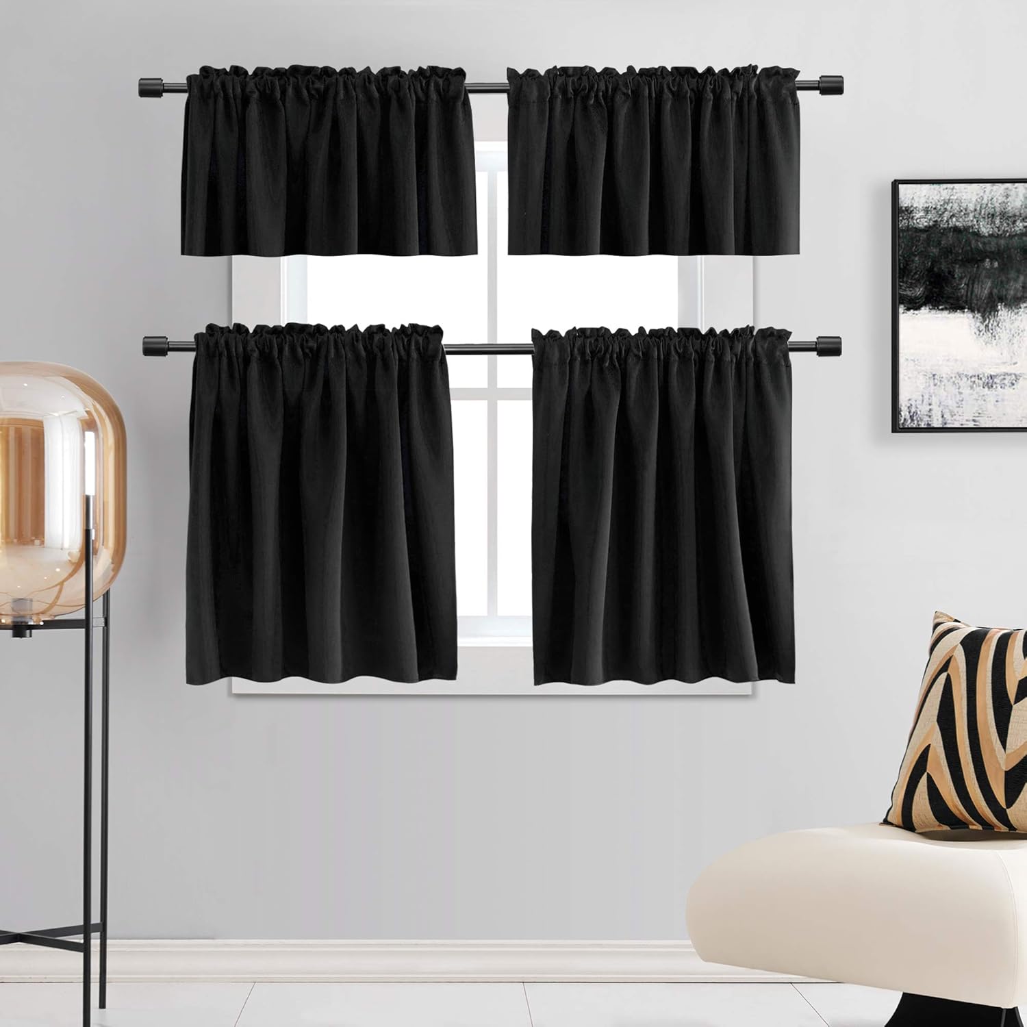 DONREN Cenefas de cortina opacas de 18 pulgadas de largo para ventanas, 2 paneles de cenefas opacas para ventana de sótano con bolsillo para barra