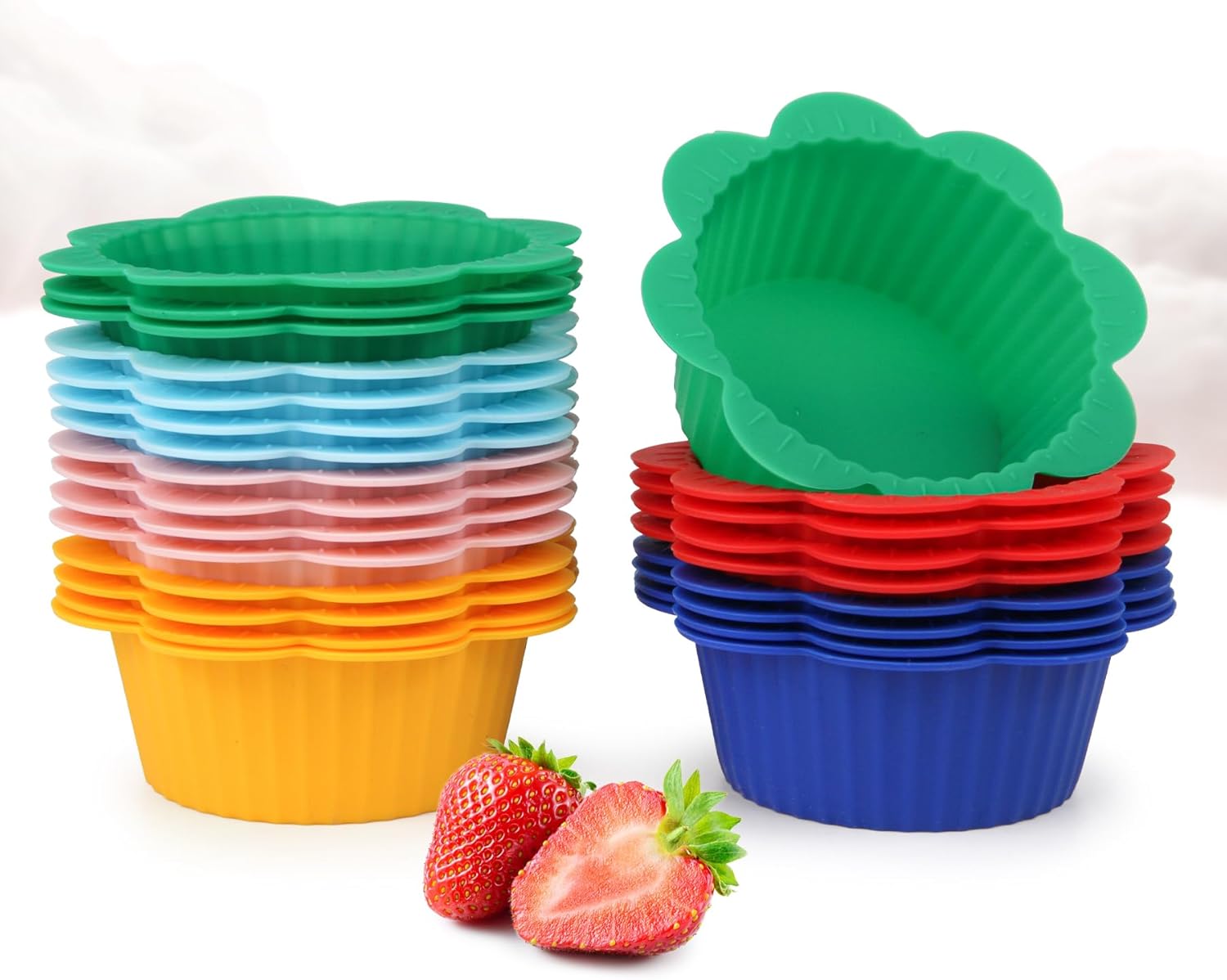 Zoofen 24 forros de silicona reutilizables para magdalenas, moldes para cupcakes para bodas, cumpleaños, fiestas (forma de flor D)