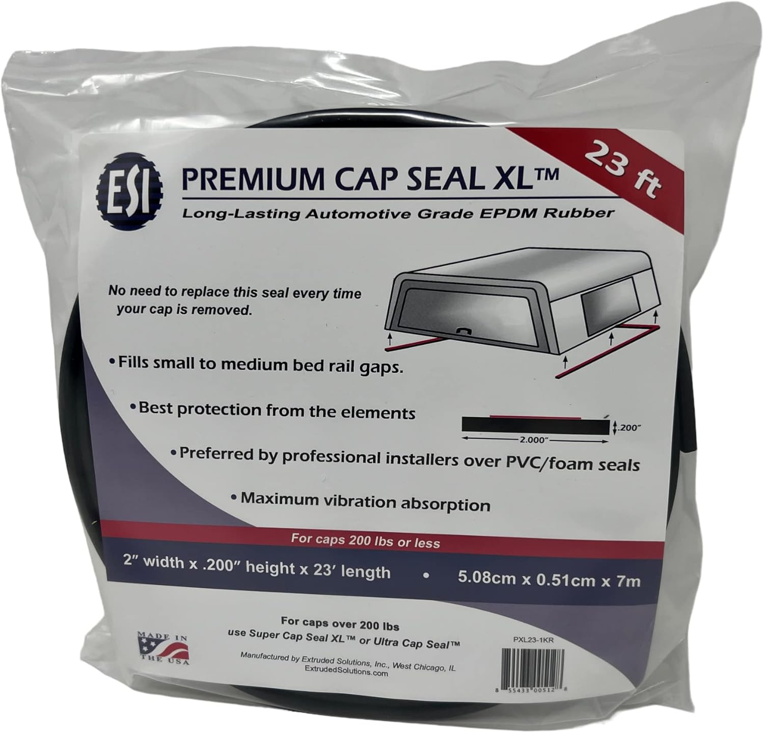 ESI Sello de tapa prémium XL de 23 pies (2 pulgadas de ancho x 0.200 pulgadas de alto x 23 pies de largo) caucho EPDM para tapas de 200 libras o