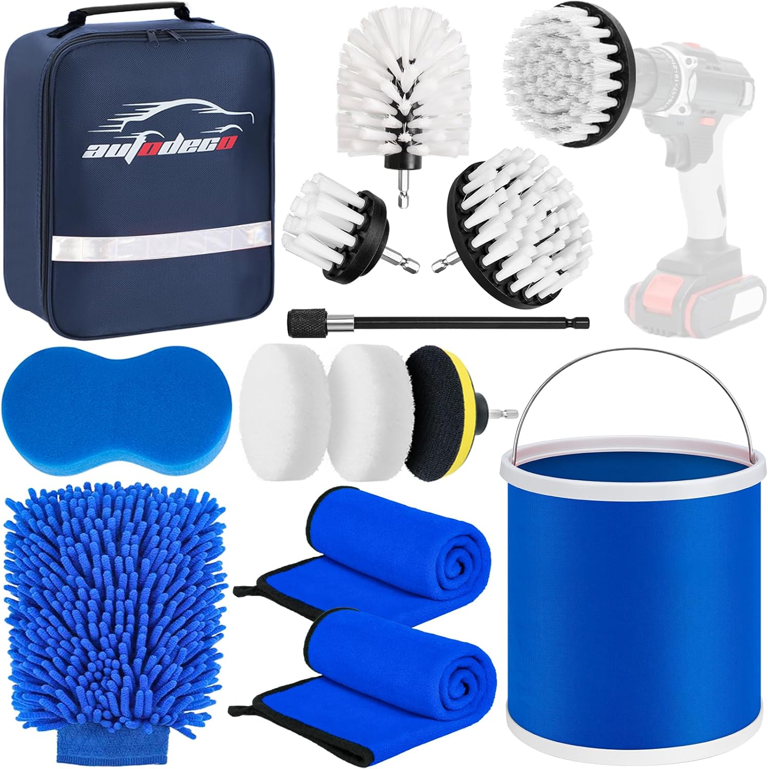 AUTODECO Kit de limpieza de lavado de barco de 13 piezas con kit de cepillo de taladro de cubo plegable, almohadillas de fregar, esponja de lavado,