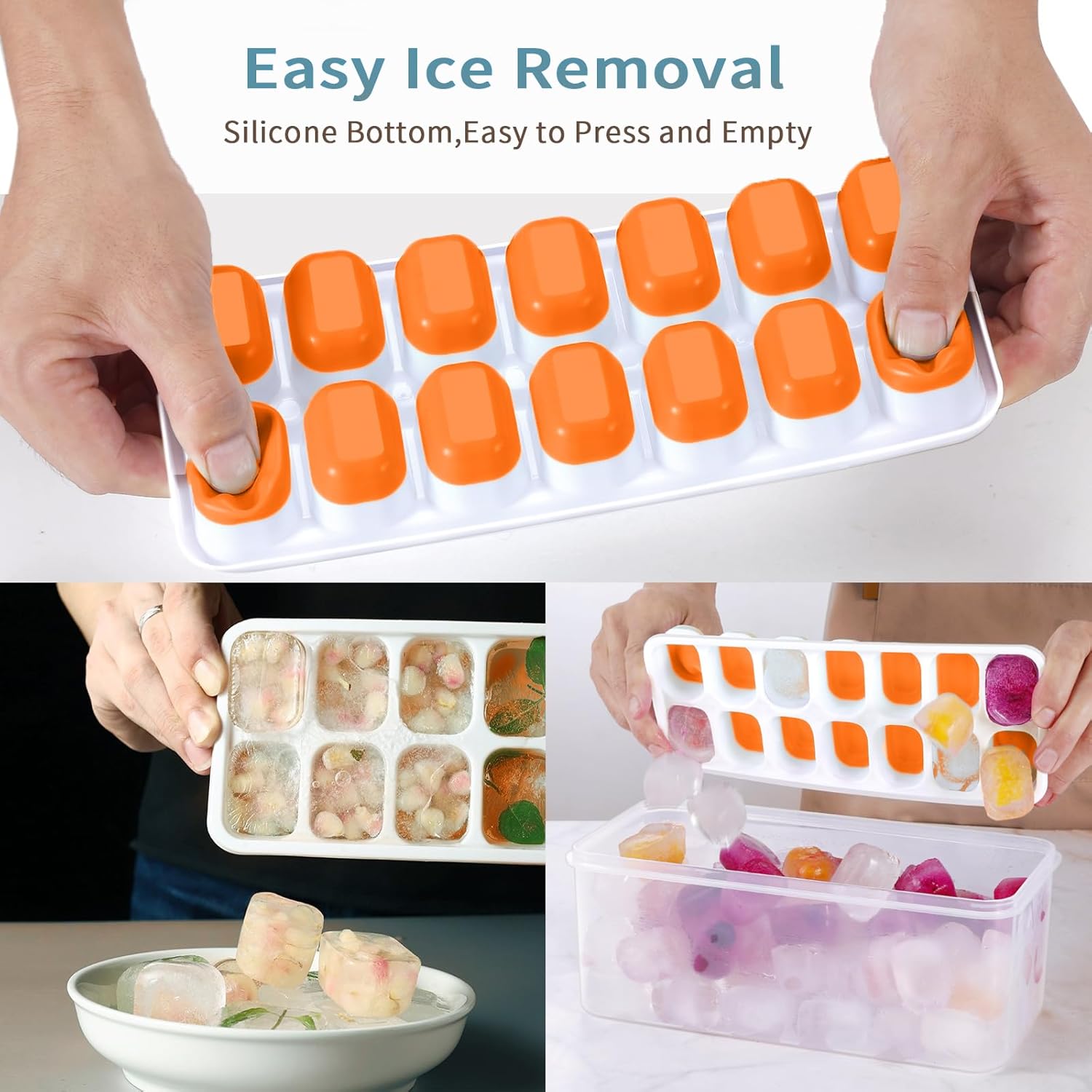 ARTLEO Bandejas para cubitos de hielo con tapa y contenedor, bandejas para cubitos de hielo de silicona y plástico de fácil liberación y contenedor