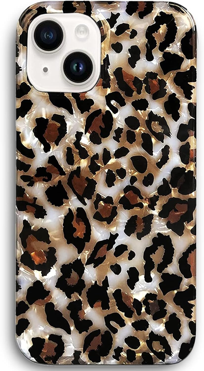 J.west Funda compatible con iPhone 15 de 6.1 pulgadas, funda de lujo translúcida translúcida con estampado de leopardo y guepardo, diseño nacarado,