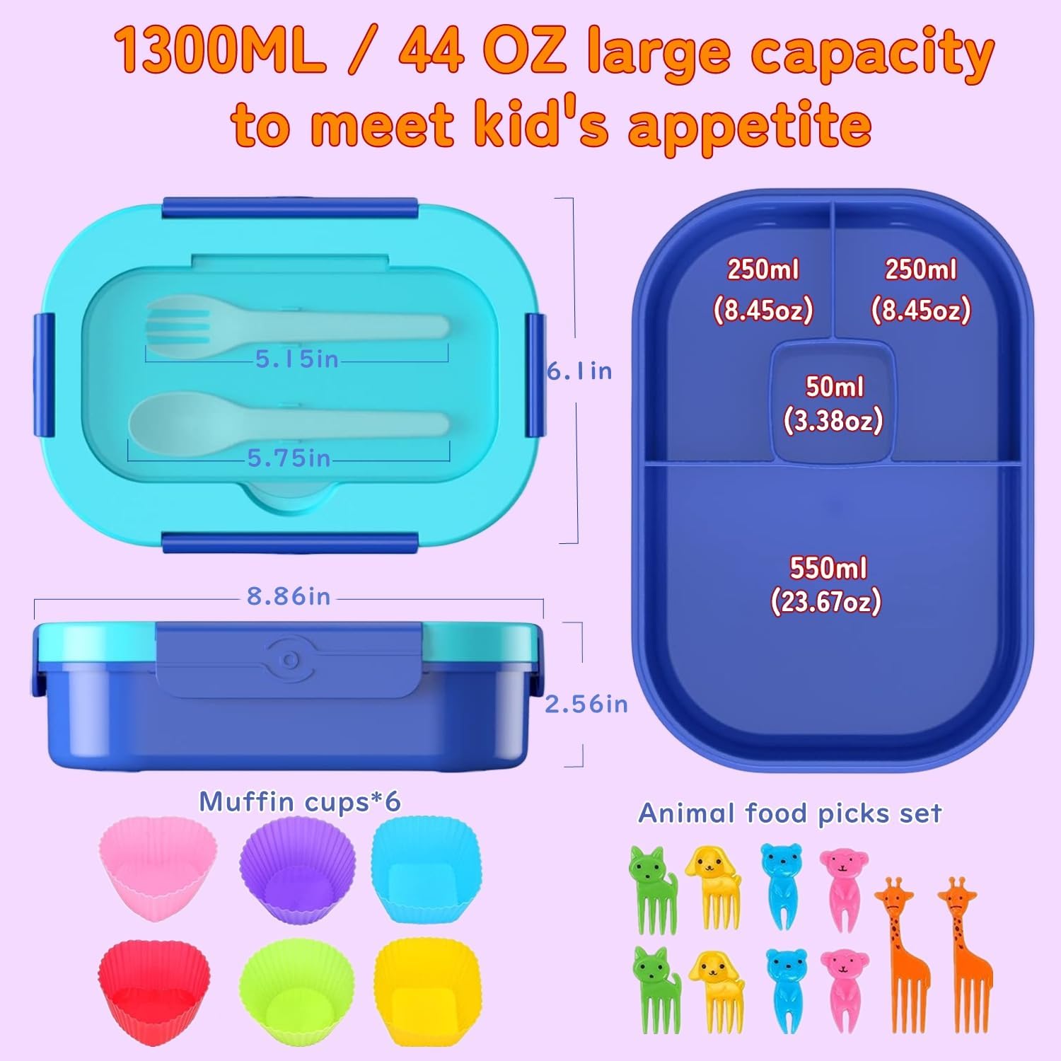 Ichiha Lonchera bento, lonchera para niños, lonchera de 44 onzas, 19 unidades, elegante lonchera para adolescentes, ideal para loncheras a prueba de